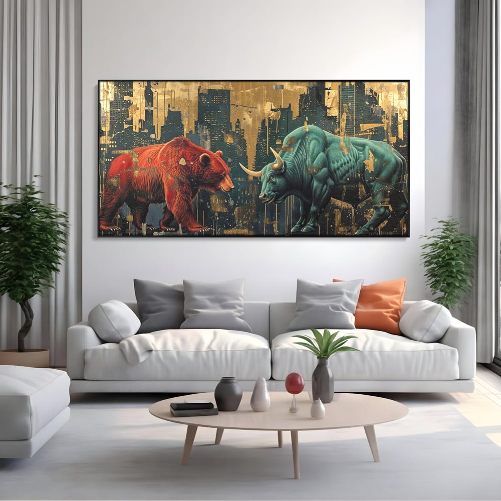 Tablou canvas cu tablou canvas cu taur si urs, in rama de aluminiu negru, pe perete intr-un living